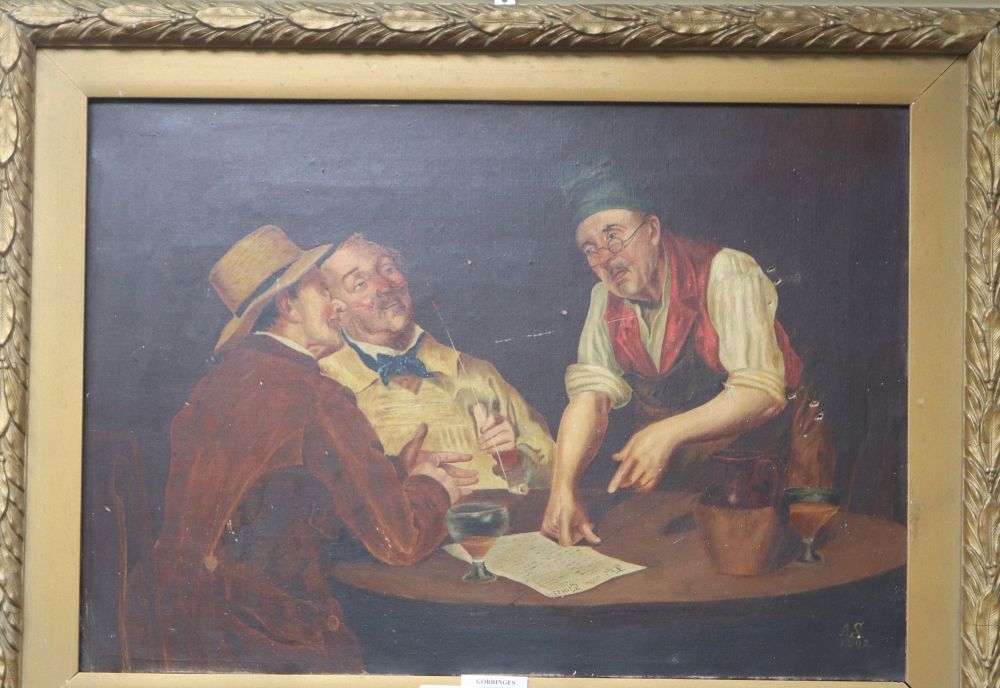 A.S. 1892, oil on canvas, Reading The Times, initialled and dated, 35 x 50cm